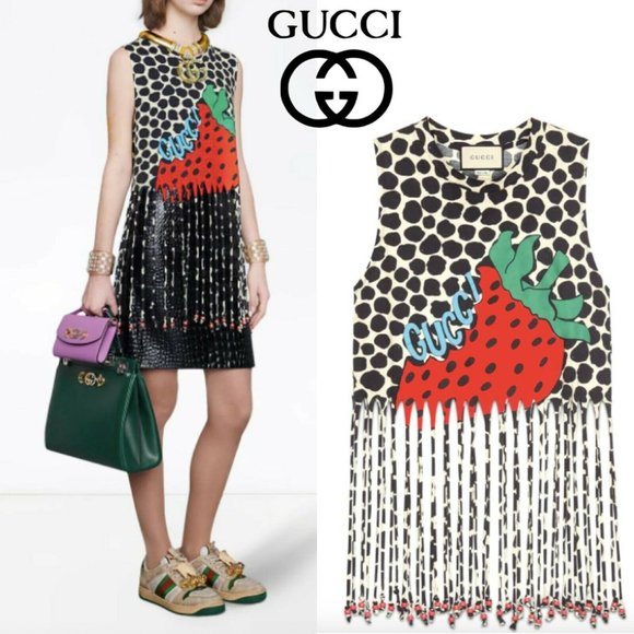 Gucci Fringe Tank Strawberry Printed Logo Bead Top